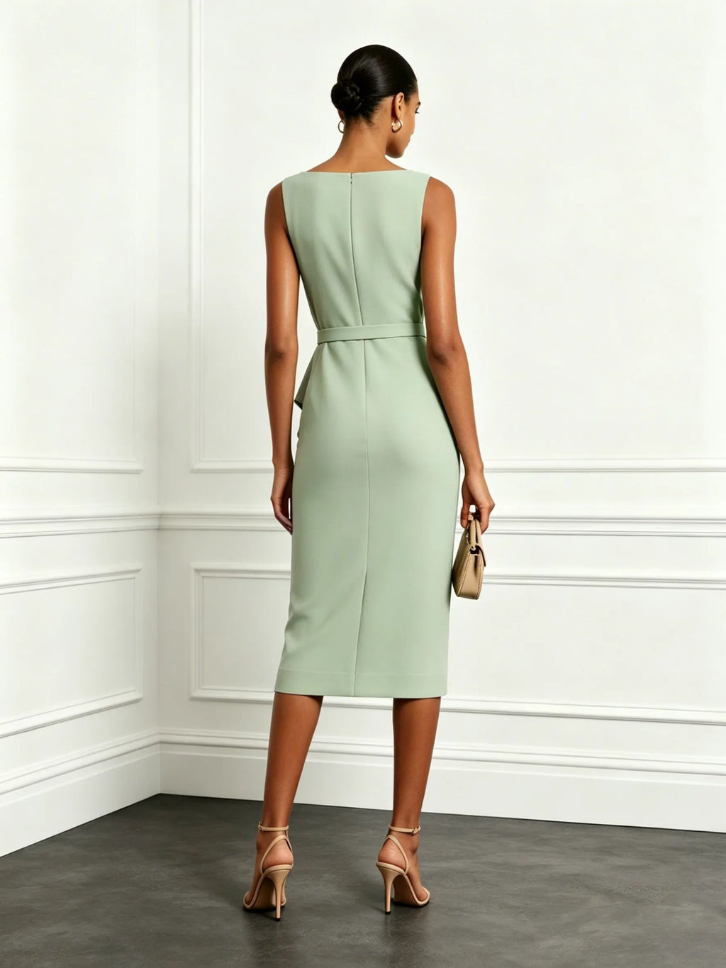 Sage Green Ruched Classic Boat Neck Sleeveless Sheath Midi Dress