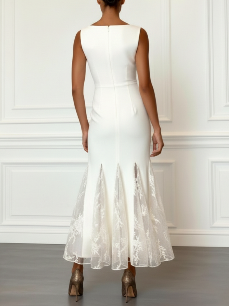 White Lace Boat Neck Sleeveless Mermaid Maxi Dress