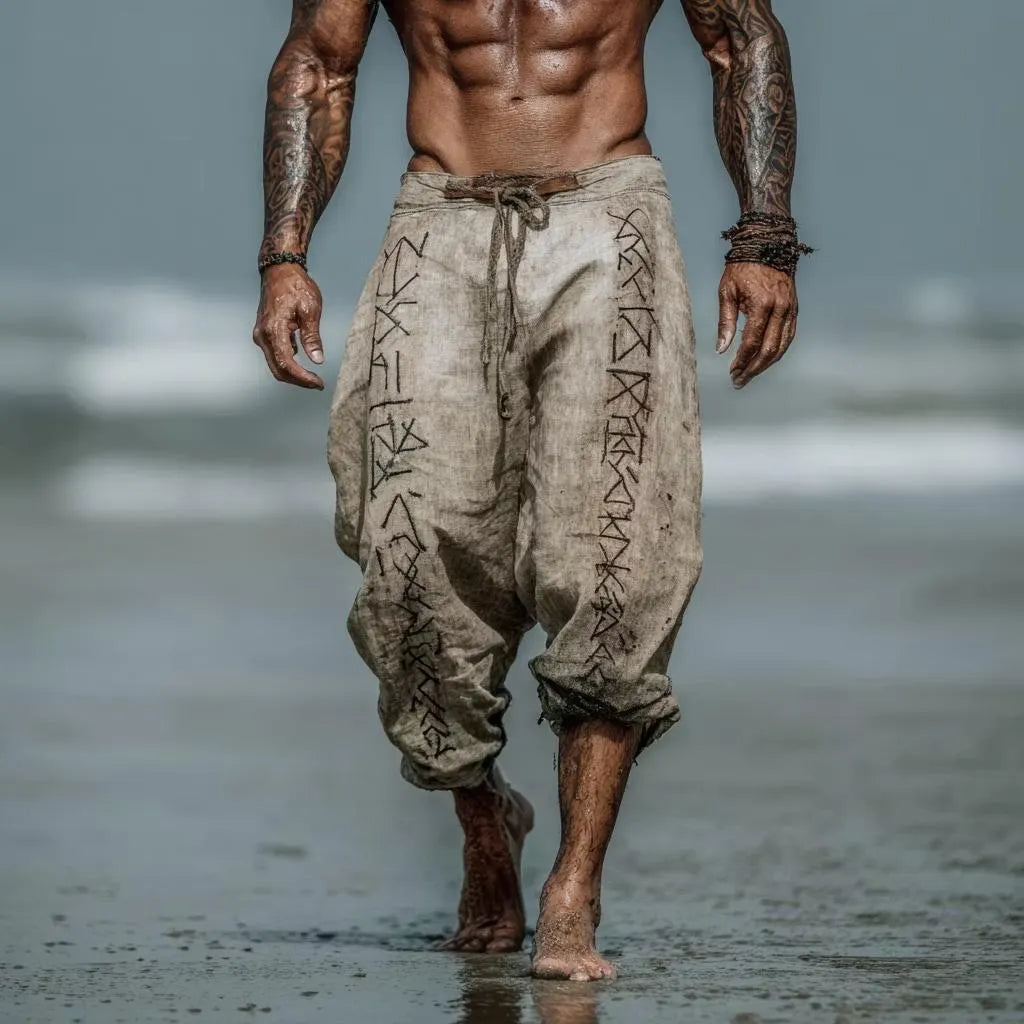 Men Viking Rune Linen Harem Pants