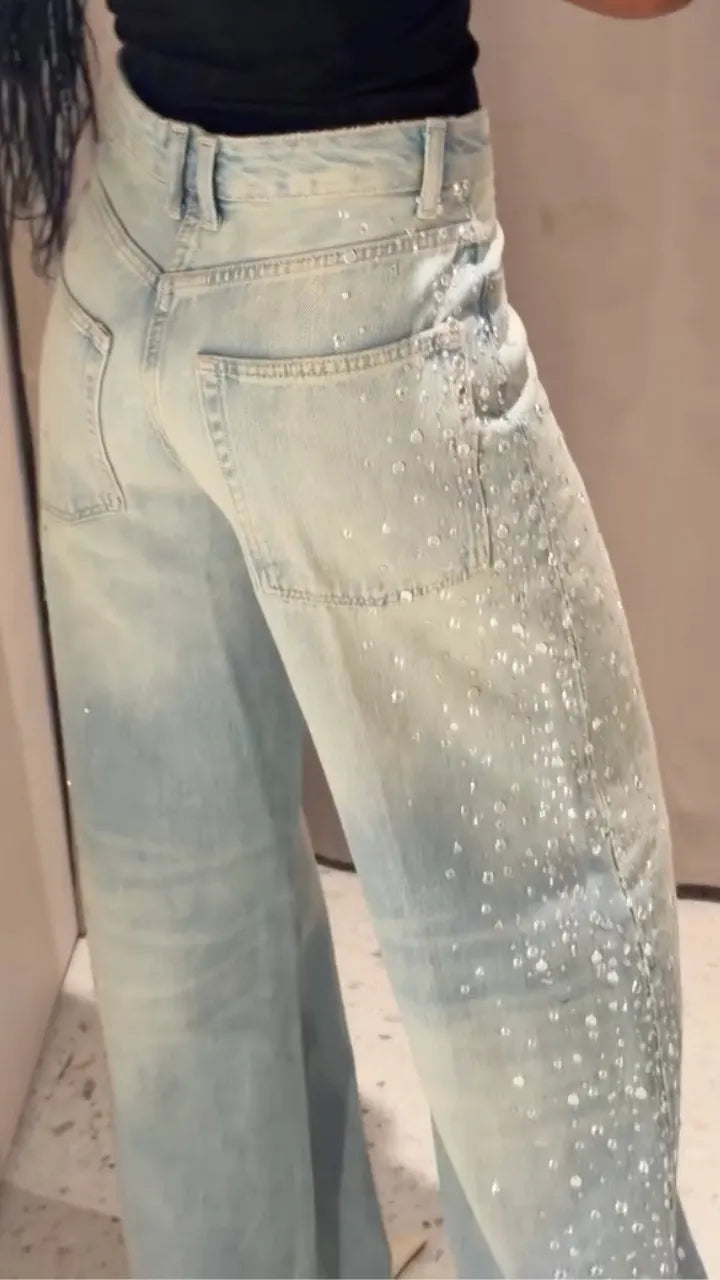 Light Wash Gradient Rhinestone Wide Leg Jeans