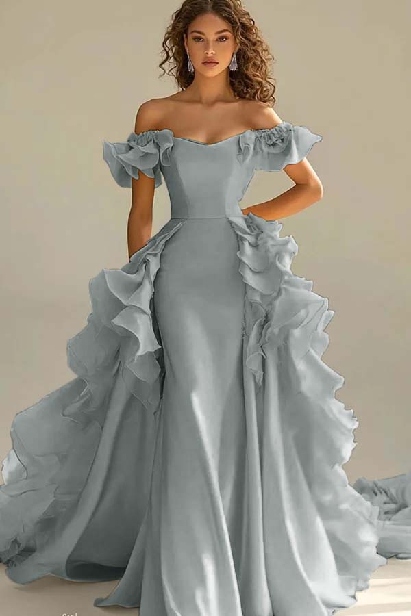 Off the Shoulder Sleeveless Long Mermaid Prom Dress With Ruffles JQ0149