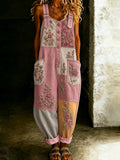 Patchwork Floral Embroidered Overalls