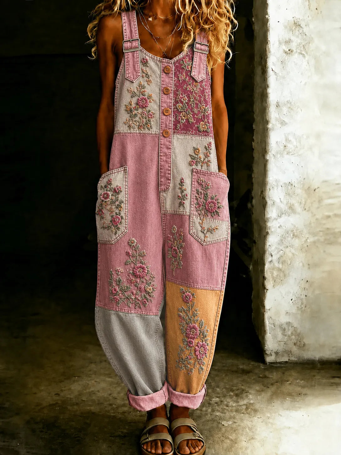 Patchwork Floral Embroidered Overalls