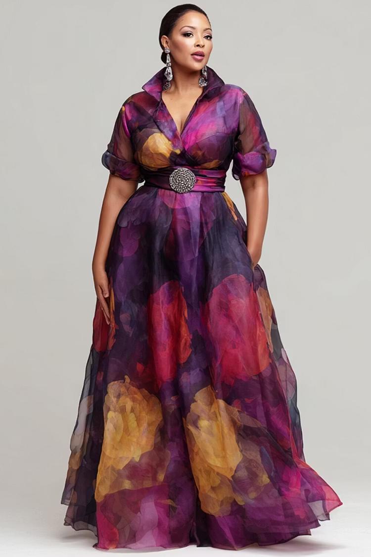 Floral Print Chiffon Collared Maxi Dress
