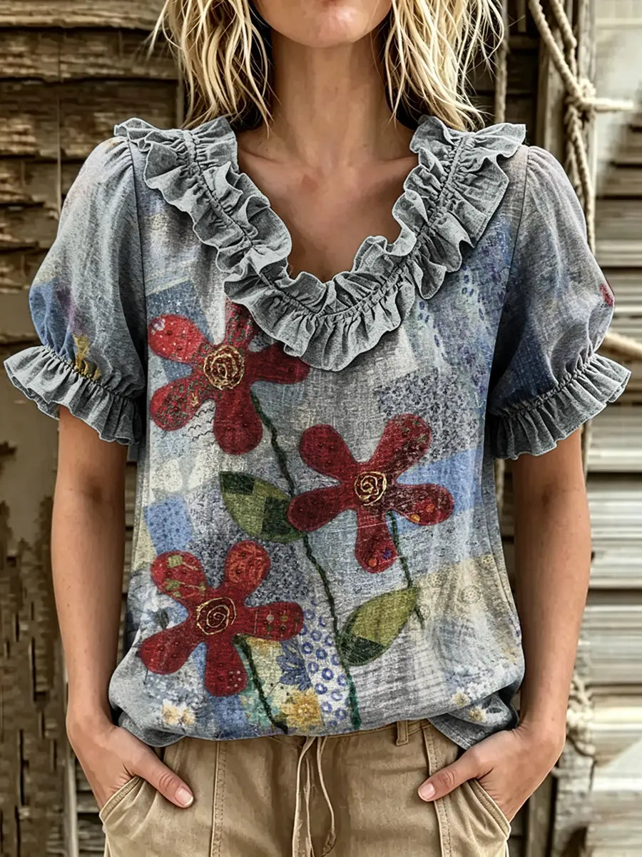 Women's Patchwork Floral Print Ruffle V-Neck Puff Sleeve Top