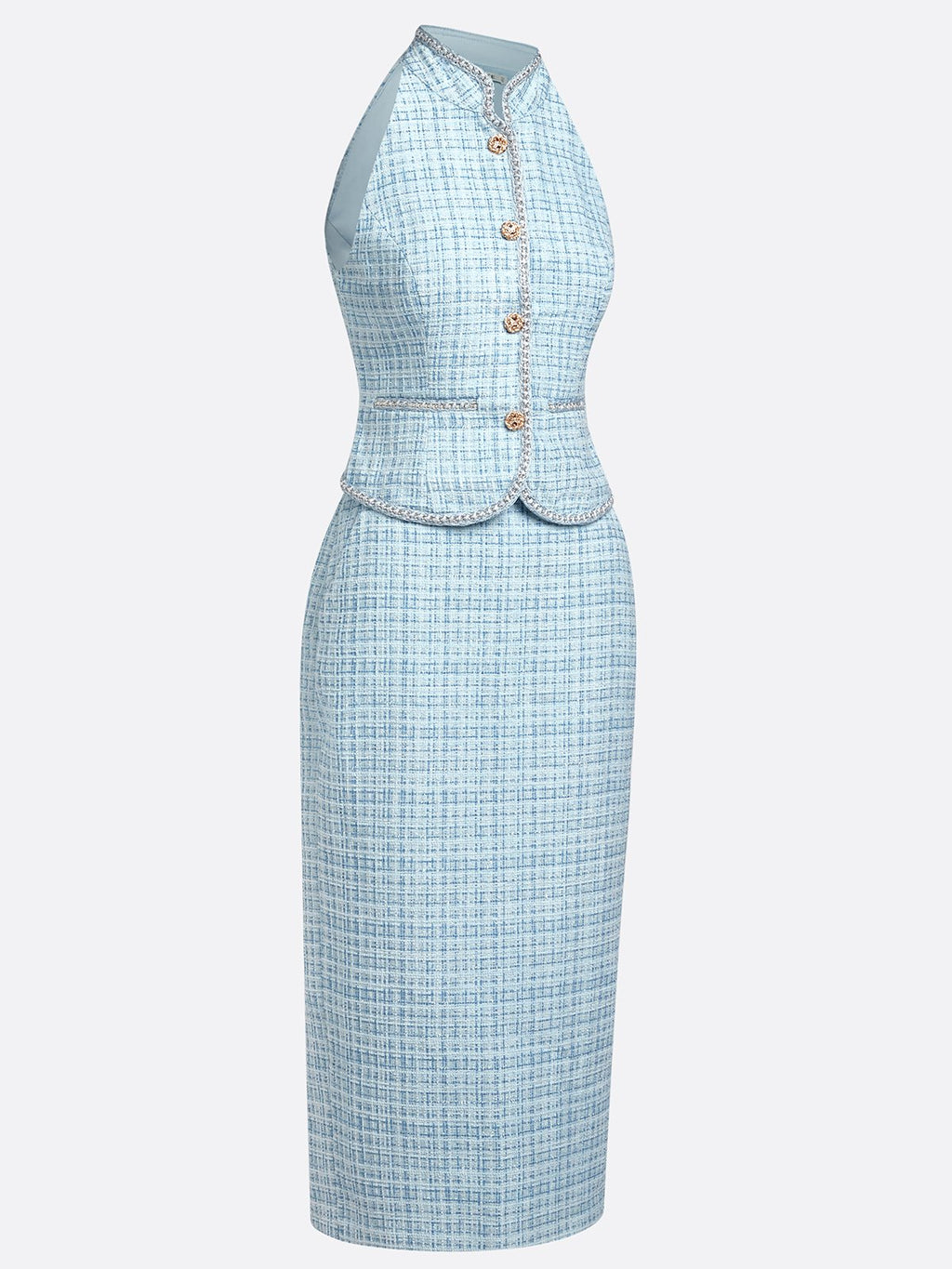Women Blue Tweed Buckle Rhinestone Turtleneck Sleeveless Dressy Top With Skirt Two-Piece Set