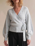 Women's Solid Color V-neck Long Sleeve Casual Loose Tie-waist Knit Top