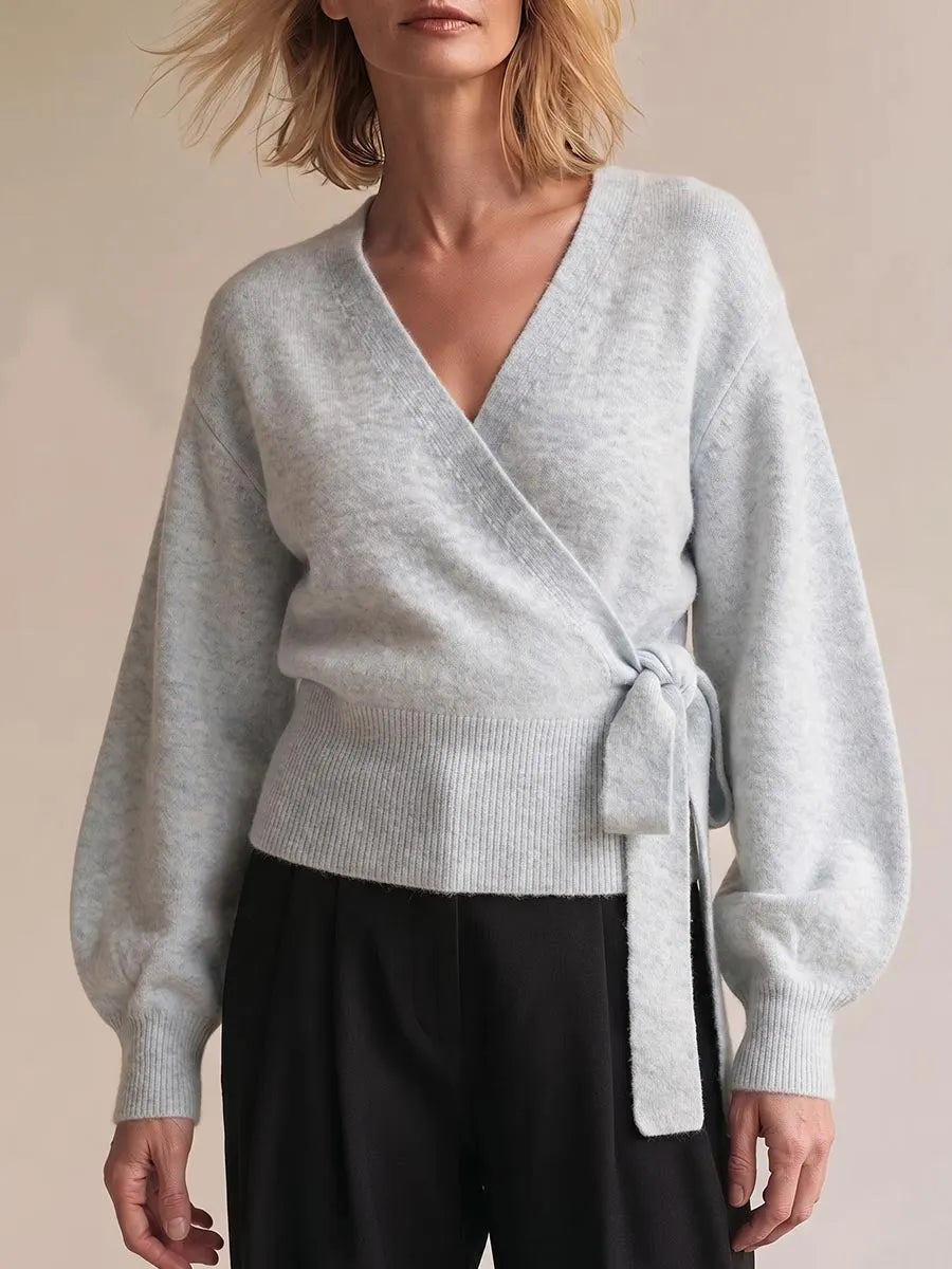 Women's Solid Color V-neck Long Sleeve Casual Loose Tie-waist Knit Top
