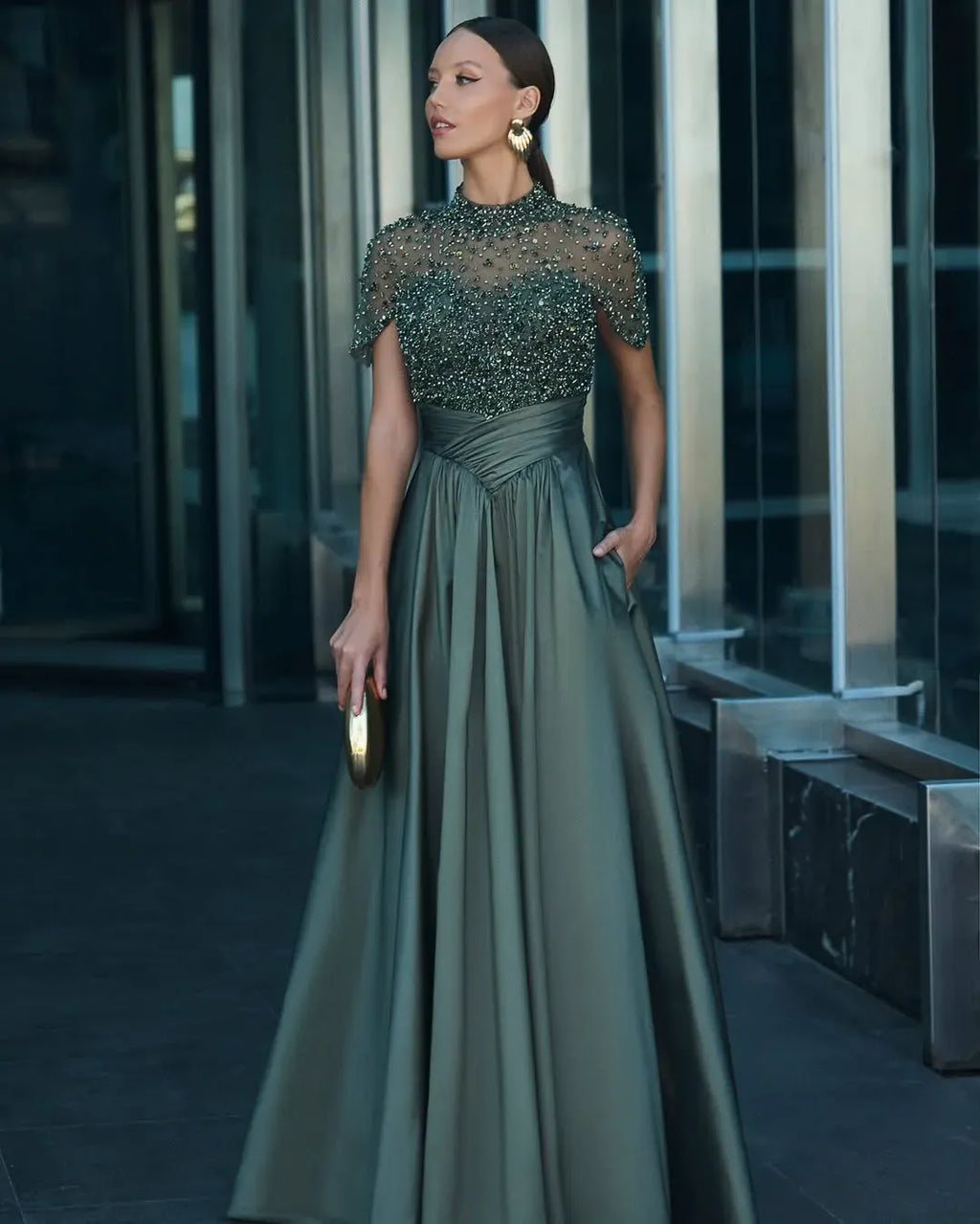 Tulle And Satin High-Neck Short Sleeves Long A-Line Pleated Prom Dress With Pockets And Beadings YK0542