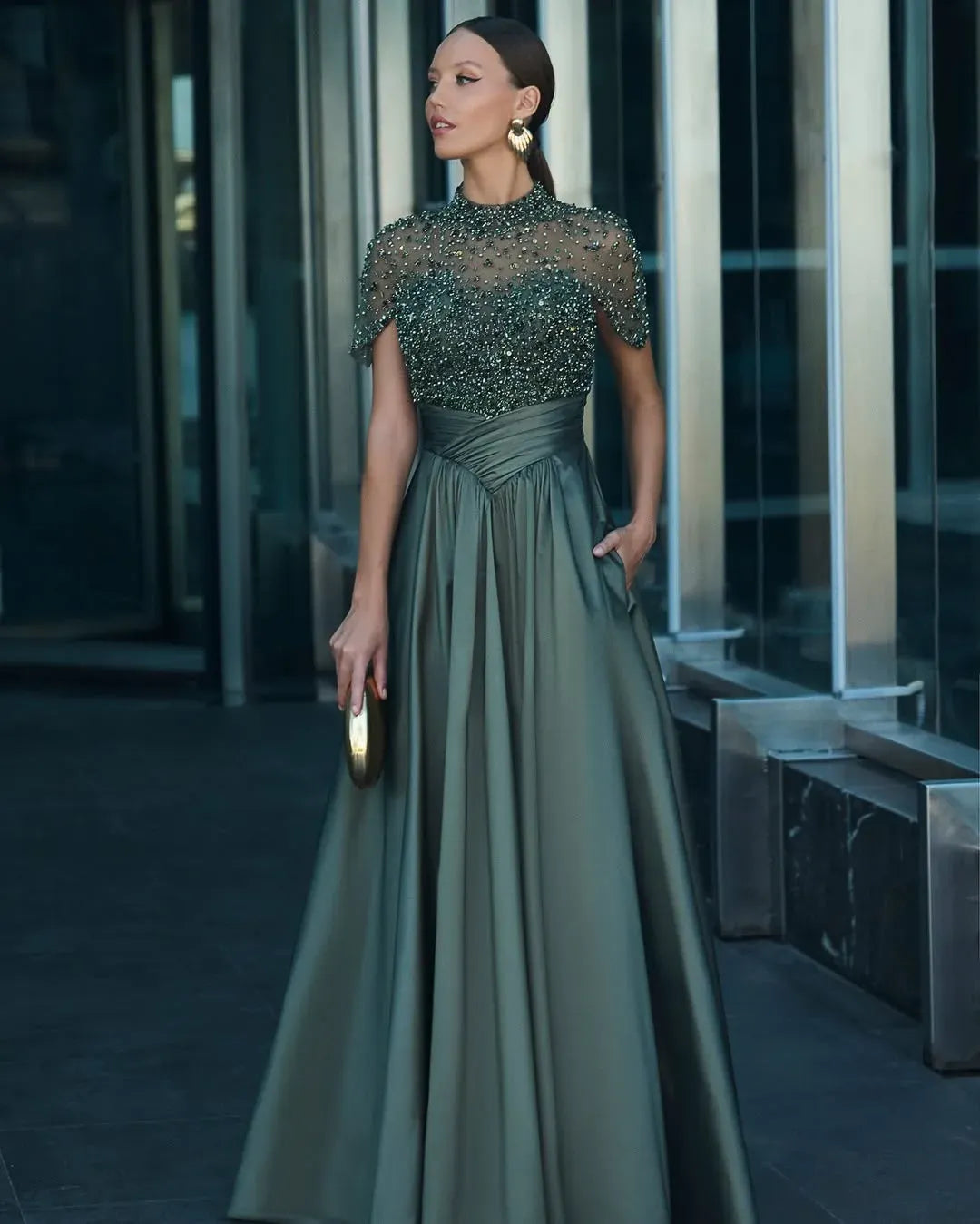 Tulle And Satin High-Neck Short Sleeves Long A-Line Pleated Prom Dress With Pockets And Beadings YK0542