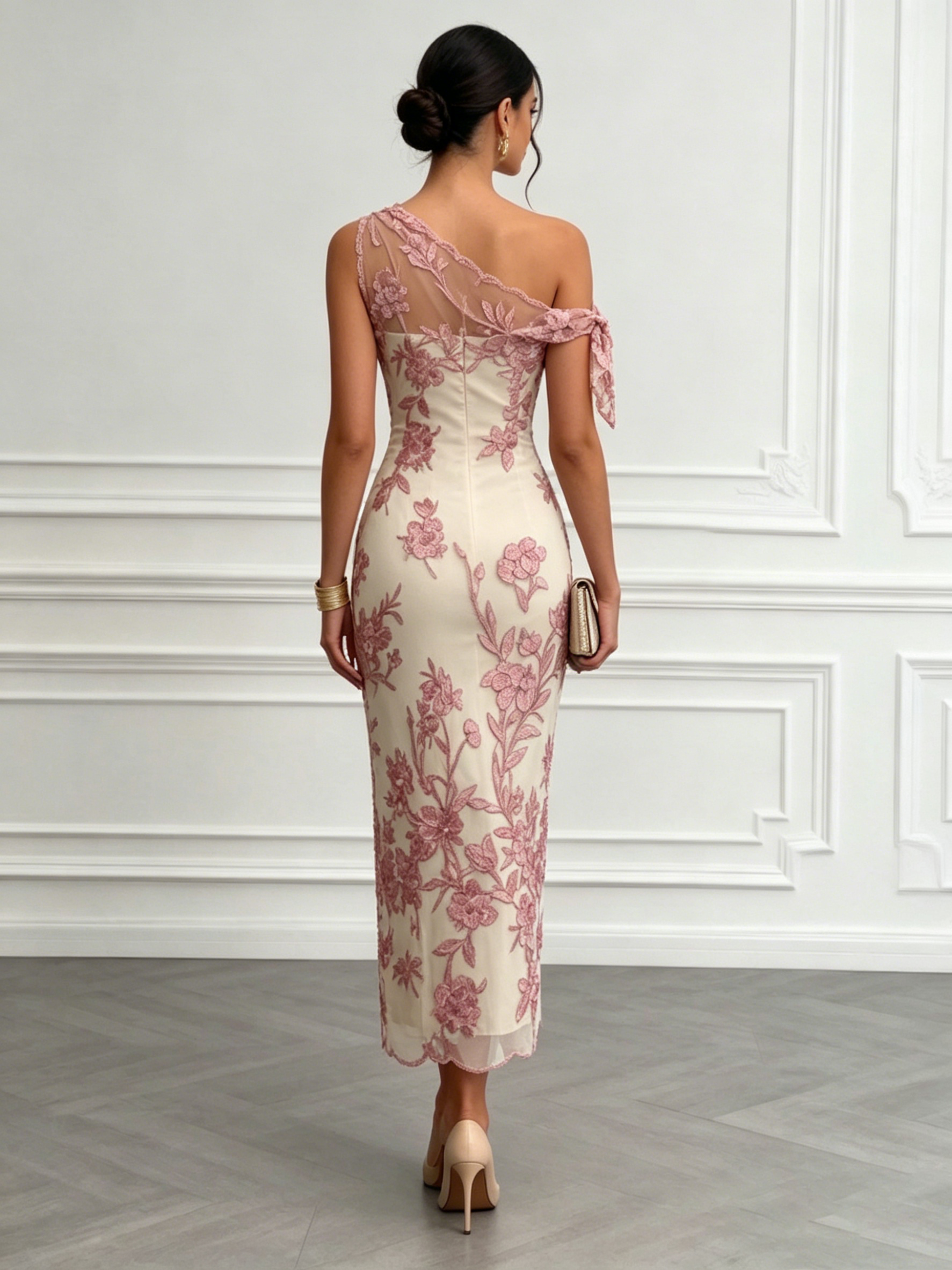 Pink Embroidery Bow Lace One Shoulder Sleeveless Sheath Maxi Dress