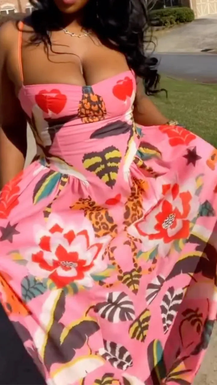 Pink Tropical Print Spaghetti Strap Midi Dress