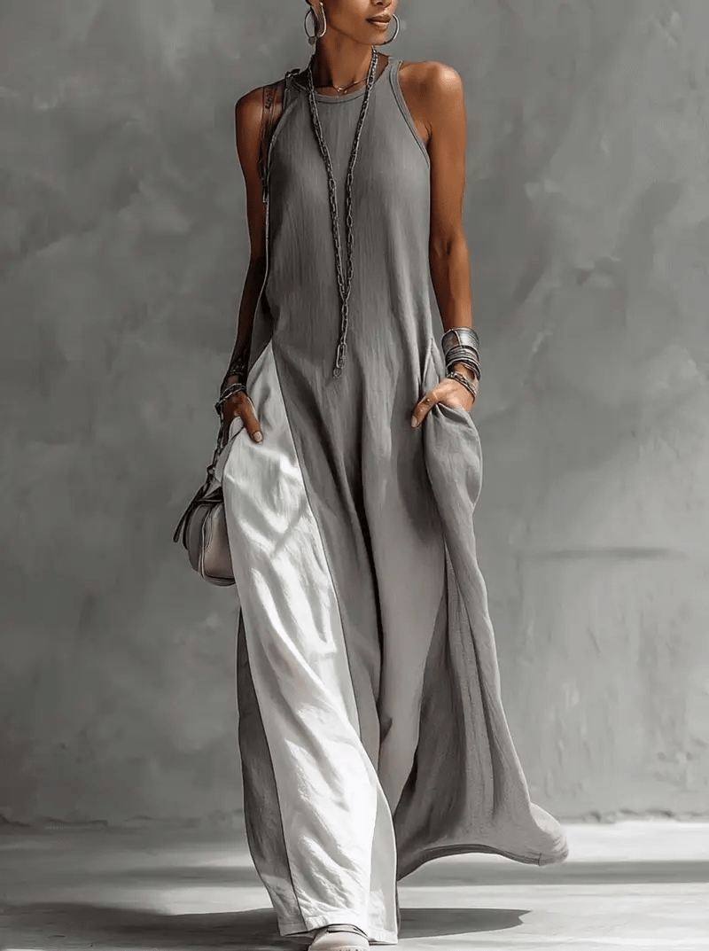 Gray and White Color-block Sleeveless Halter-neck Wide-leg Maxi Dress