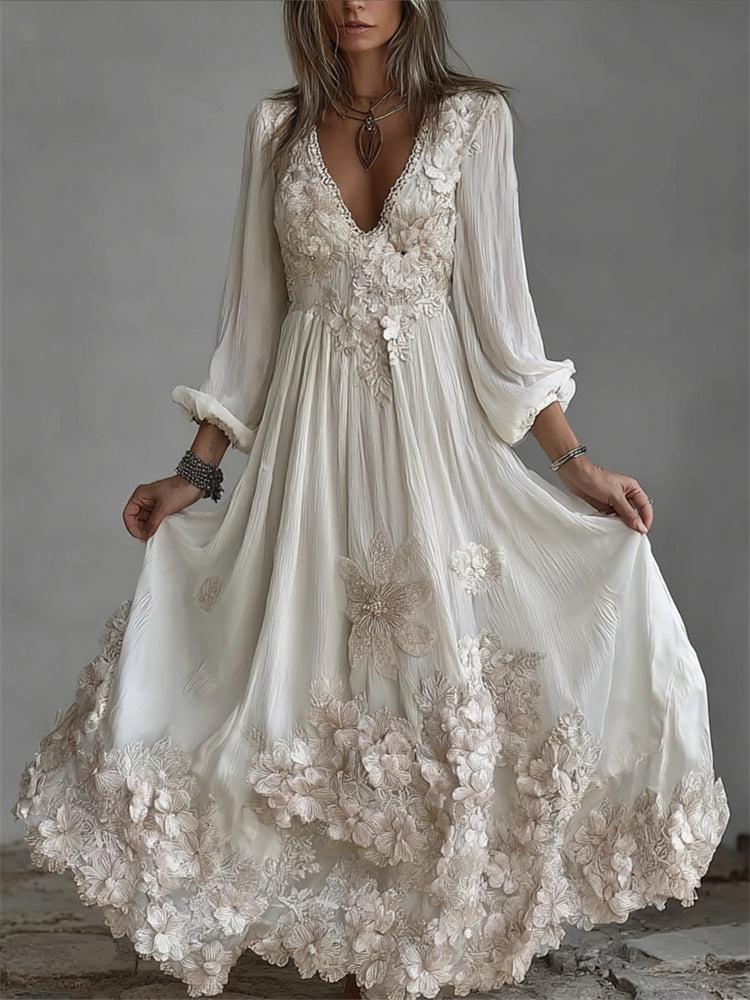 Boho Floral Glitter Lace Fiber Art Linen Maxi Dress