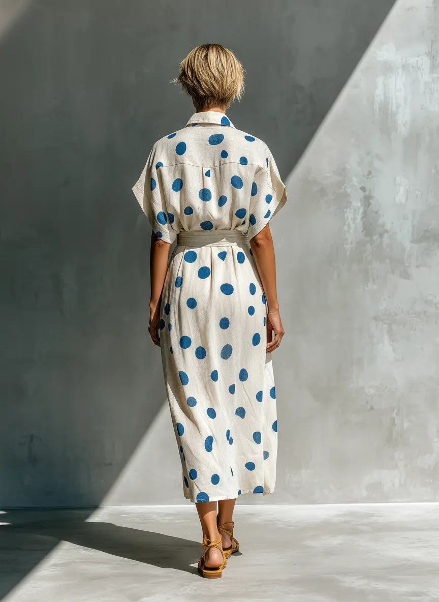 Women’s Off-White Linen-Blend Polka Dot Shirt Dress With Waist Cincher & Pockets MDZ2481D3T
