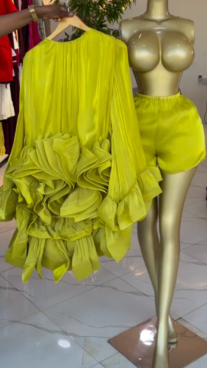 Ruffled Blouse And Shorts Two Piece Set
