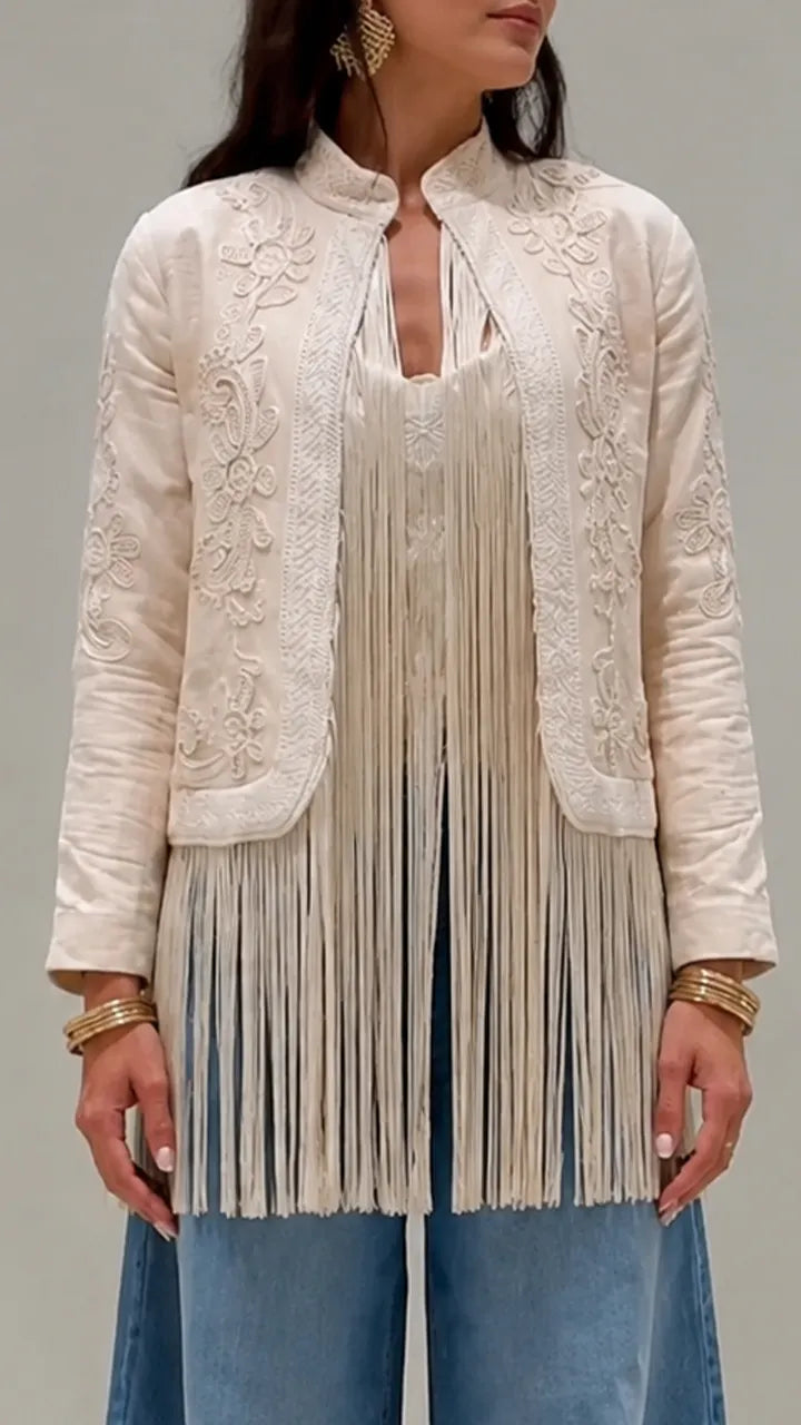 Cream Floral Embroidered Fringe Boho Jacket