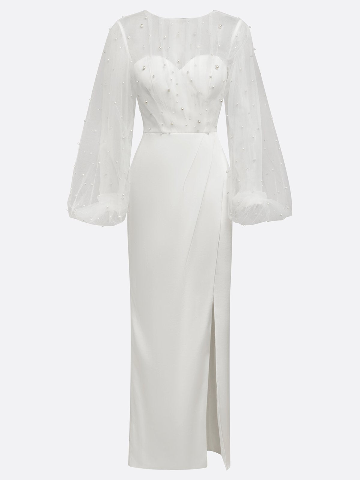 White Faux Pearl Side-Slit Classic Crew Neck Long Sleeve Puff Sleeve Sheath Bridal Gown Dress