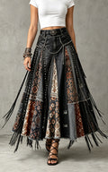 Patchwork Faux Leather Fringe Maxi Skirt