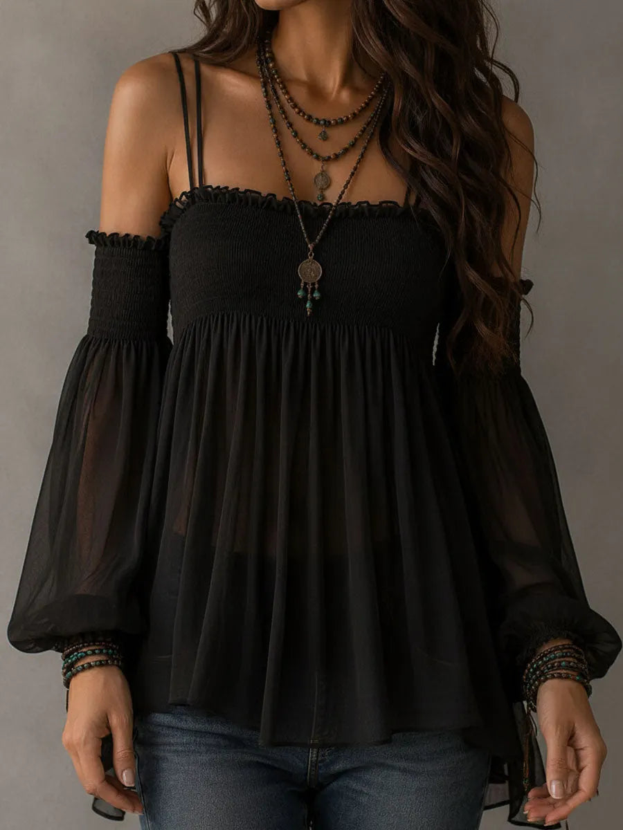 Boho Romantic Black Sheer Chiffon Smocked Bodice Blouse