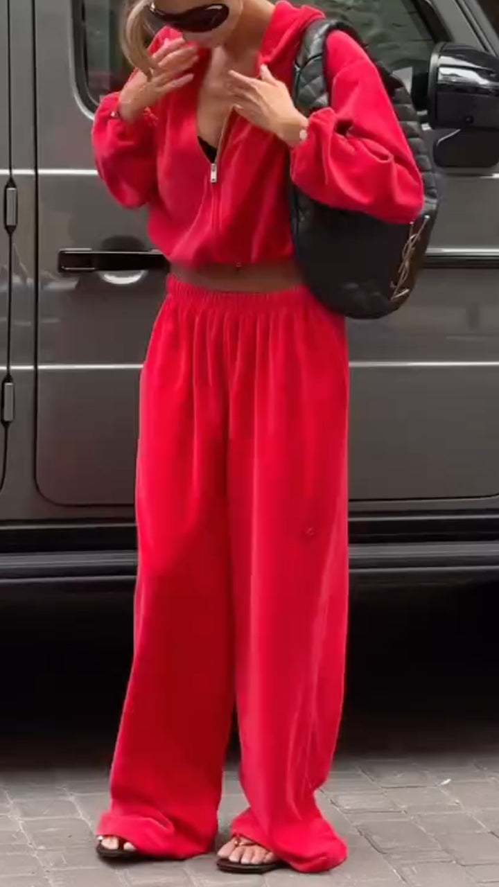 Red Velour Hooded Two Piece Tracksuit