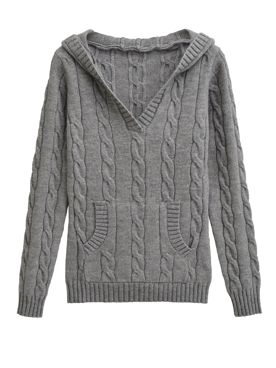 Casual Cable-knit V-neck Sweater With Hood