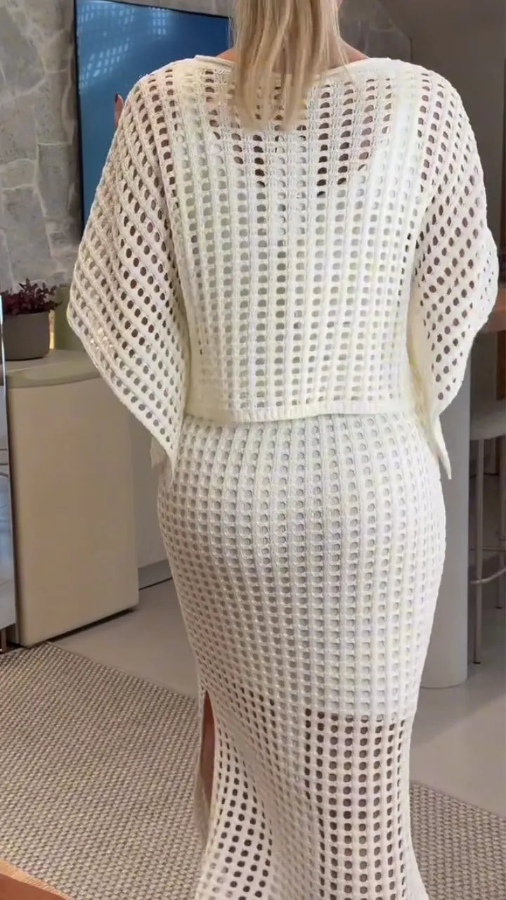 Crochet Knit Top And Midi Skirt Set