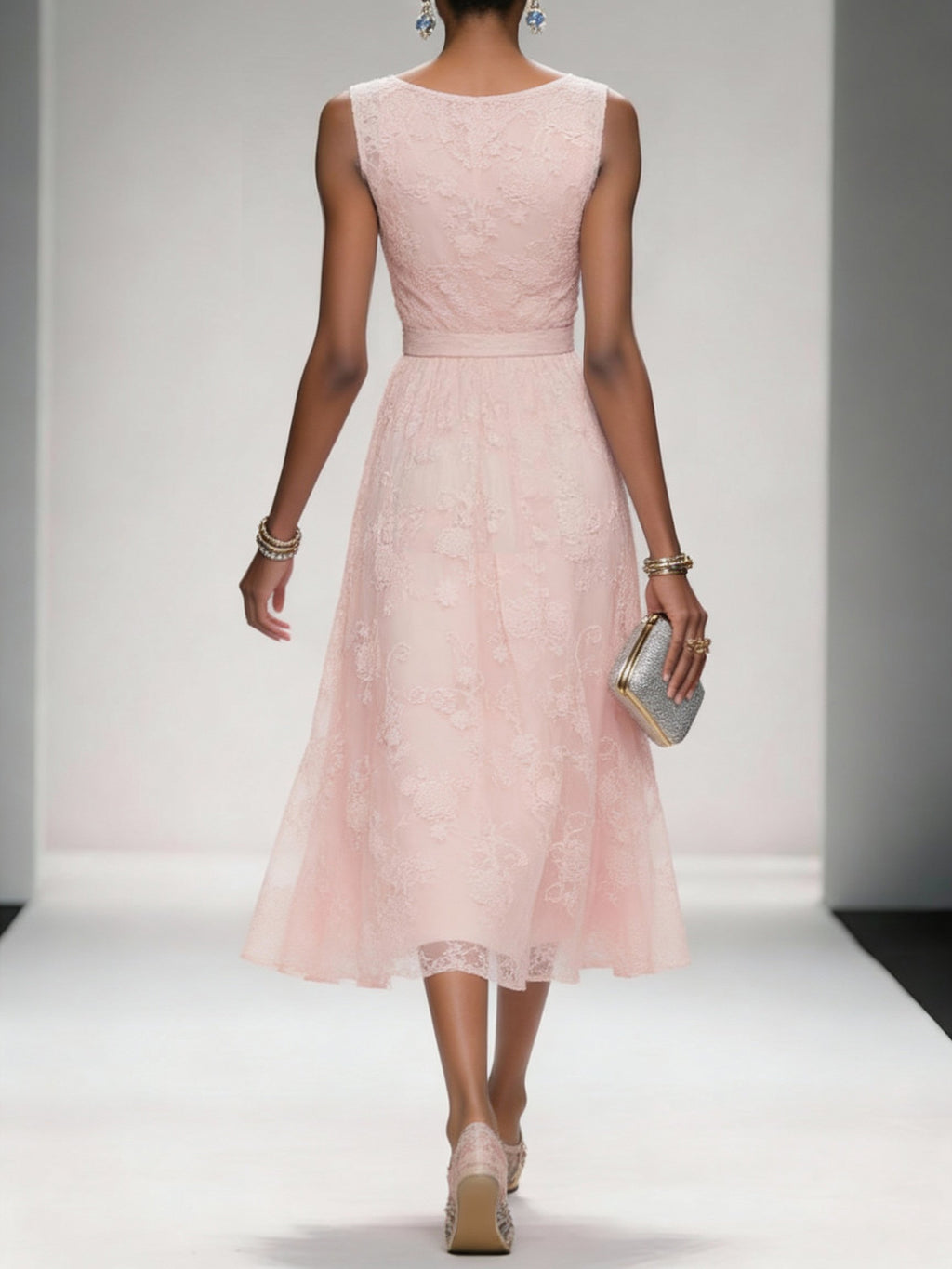Light Pink Bow Embroidery Classic V Neck Sleeveless A-Line Midi Dress With Pockets