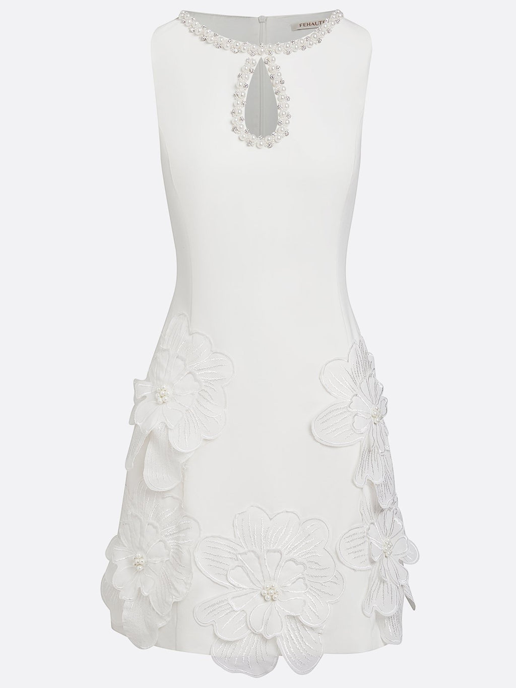 White 3D Floral Pearl Classic Boat Neck Sleeveless A-Line Mini Dress