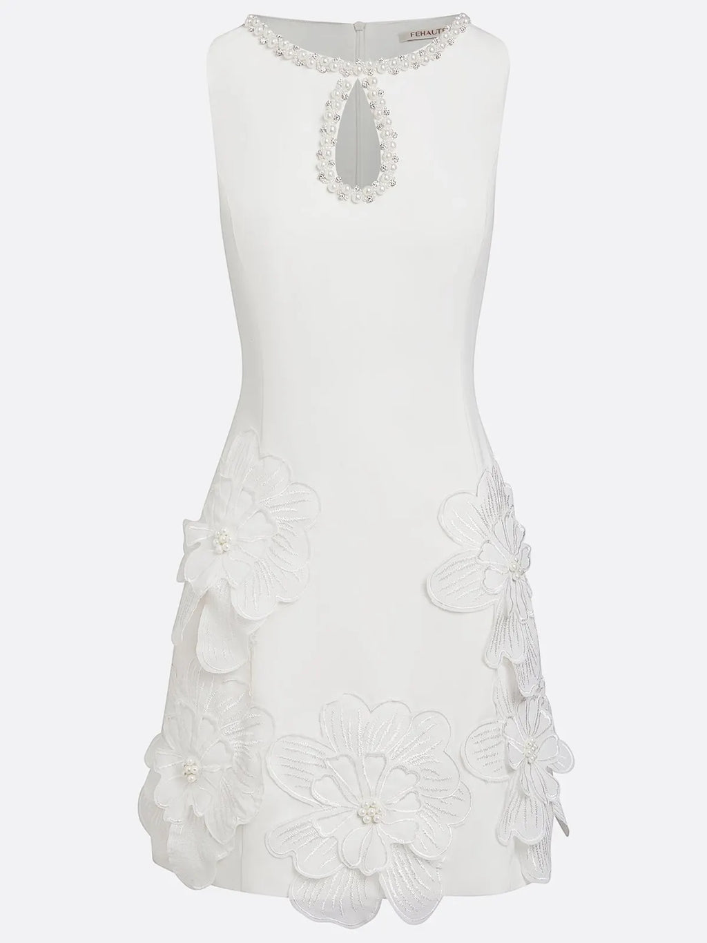White 3D Floral Pearl Classic Boat Neck Sleeveless A-Line Mini Dress