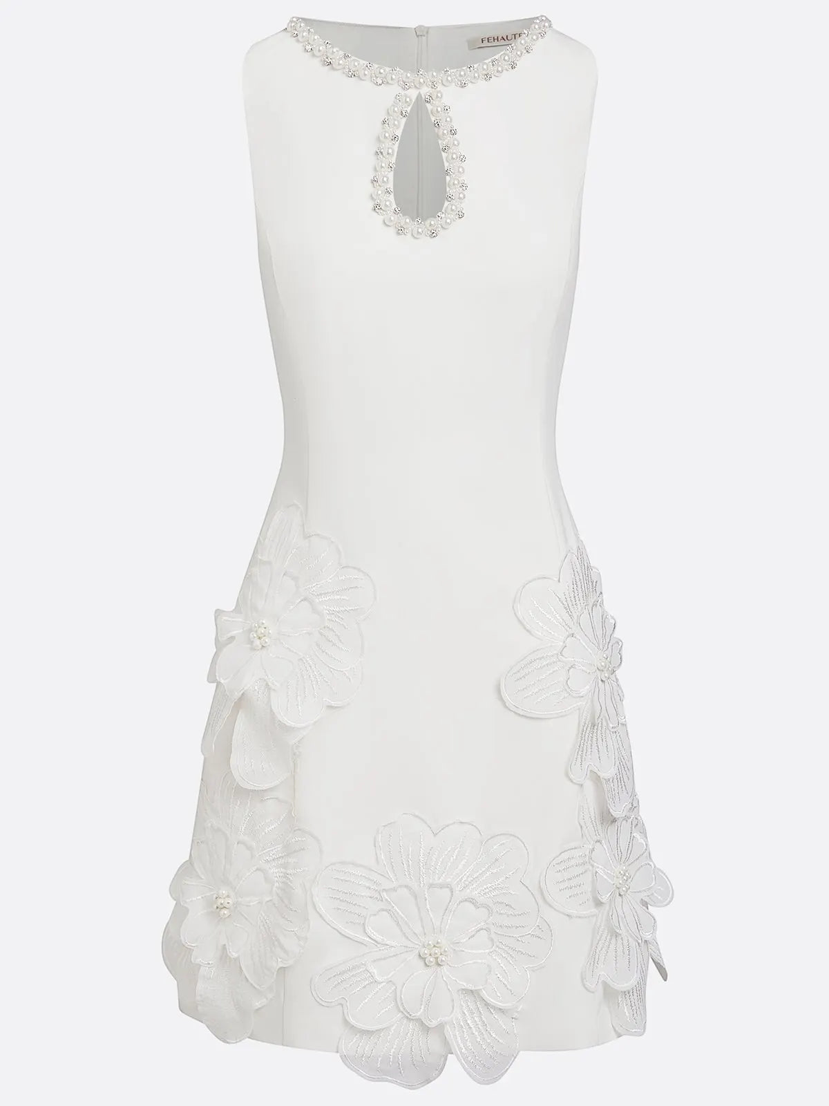White 3D Floral Pearl Classic Boat Neck Sleeveless A-Line Mini Dress