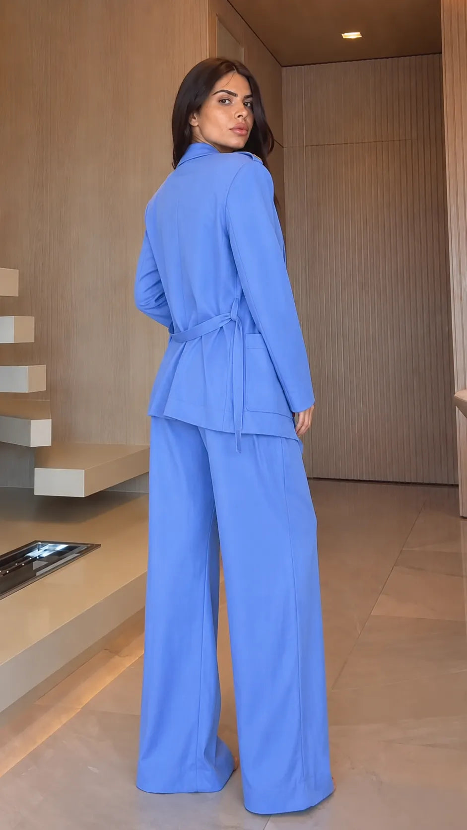 Blazer & Elastic‑Waist Wide Leg Pants Suit