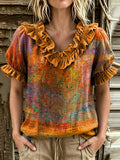 Women's Watercolor Tie-Dye Print Ruffle V-Neck Puff Sleeve Blouse