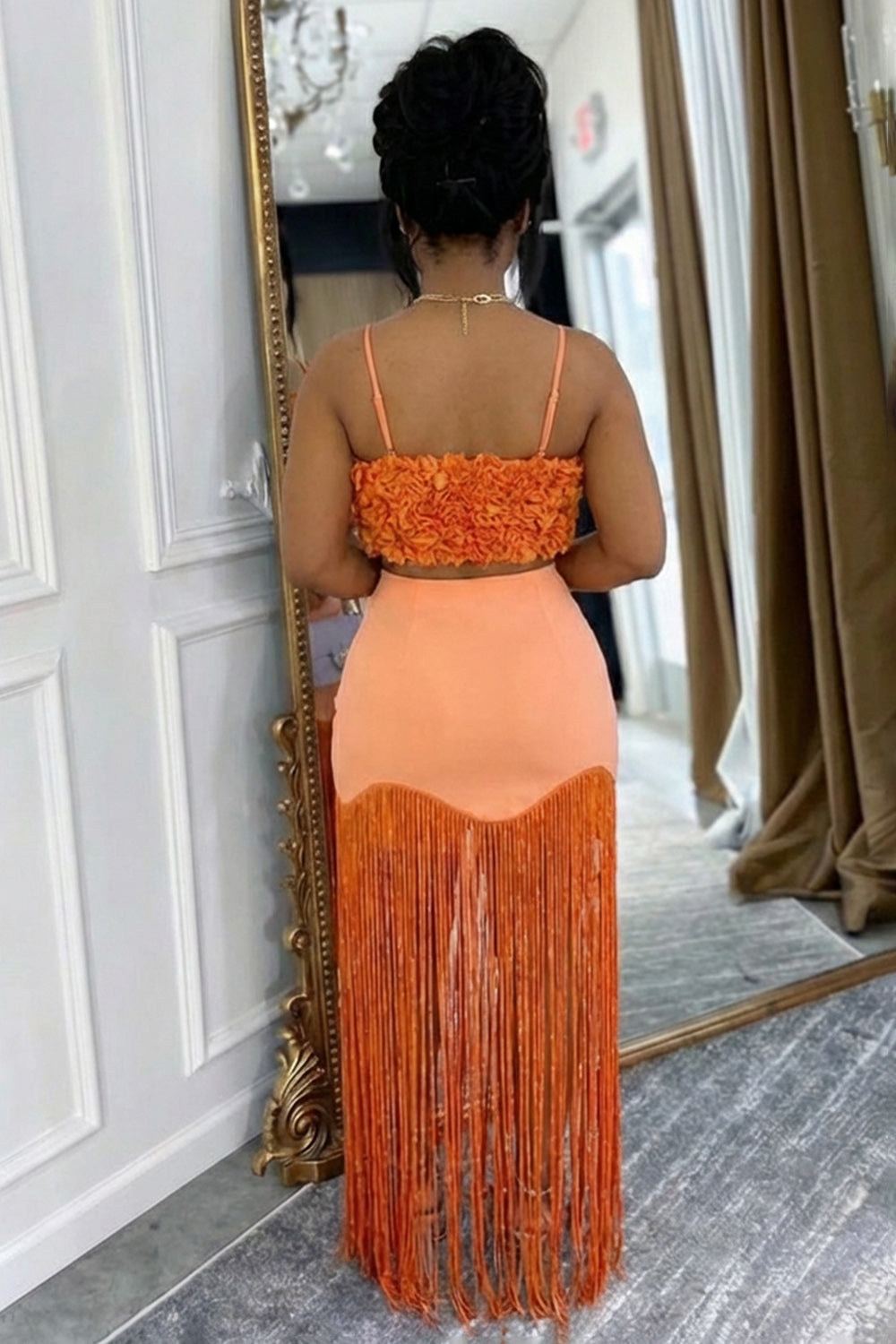 Spaghetti Strap Ruched Crop Top Fringe Maxi Skirt 2pcs Set-Orange