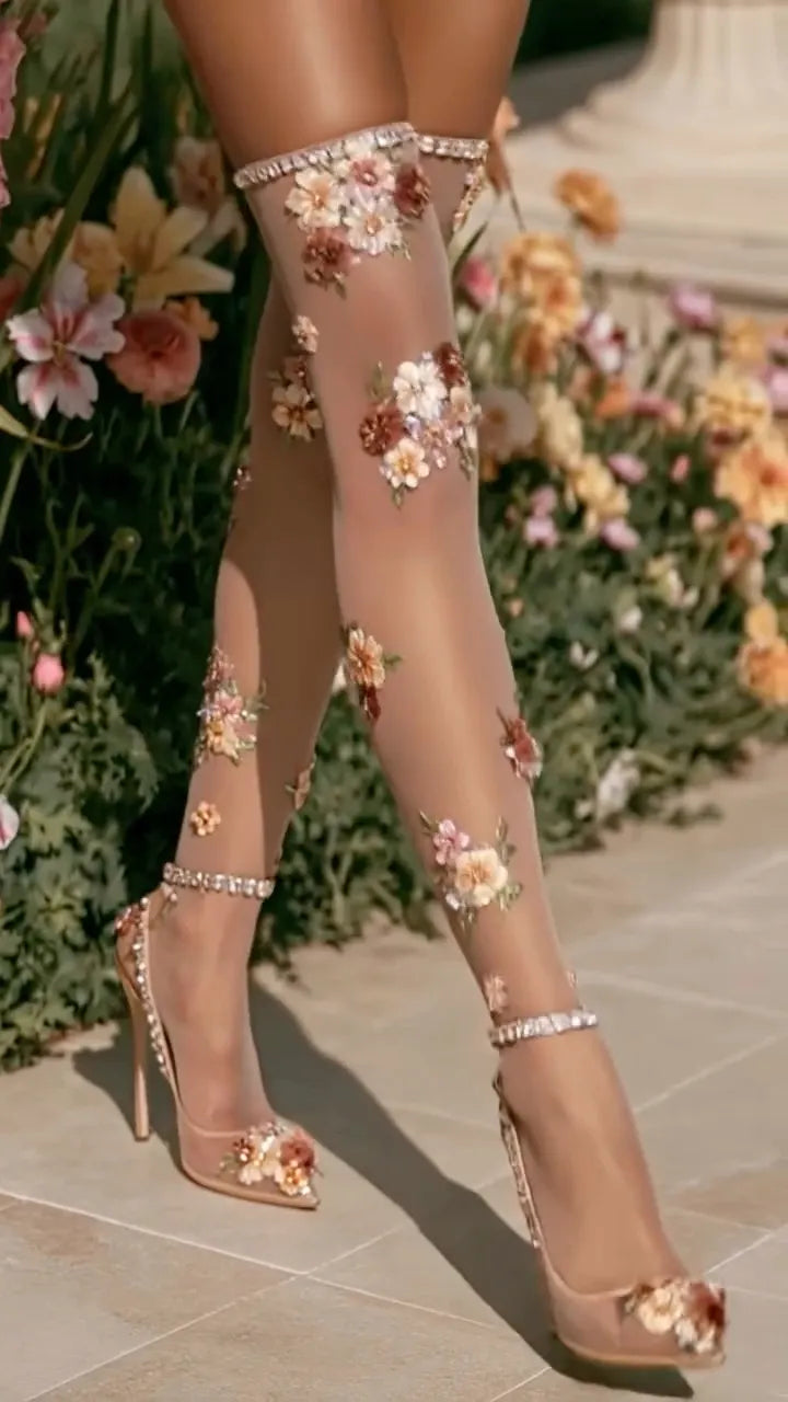 Floral Rhinestone Over‑the‑knee Socks