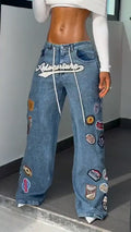 Patch Graphic Patchwork Wide Leg Baggy Denim Jeans