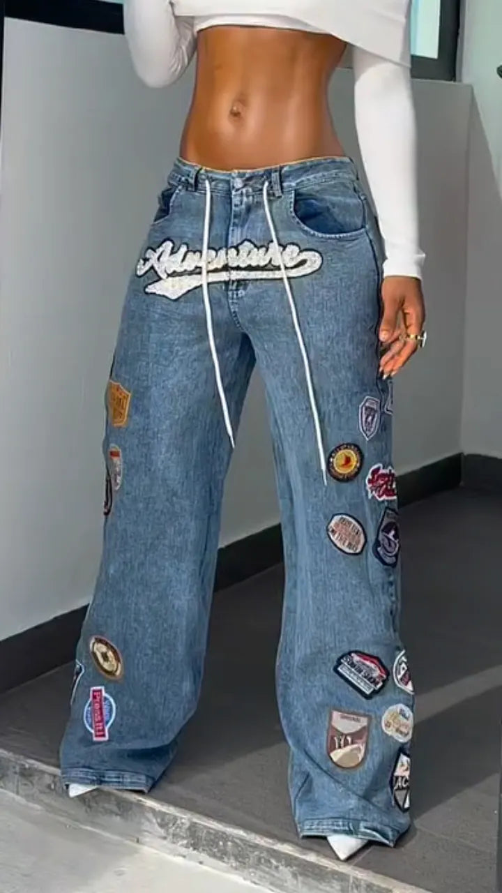 Patch Graphic Patchwork Wide Leg Baggy Denim Jeans