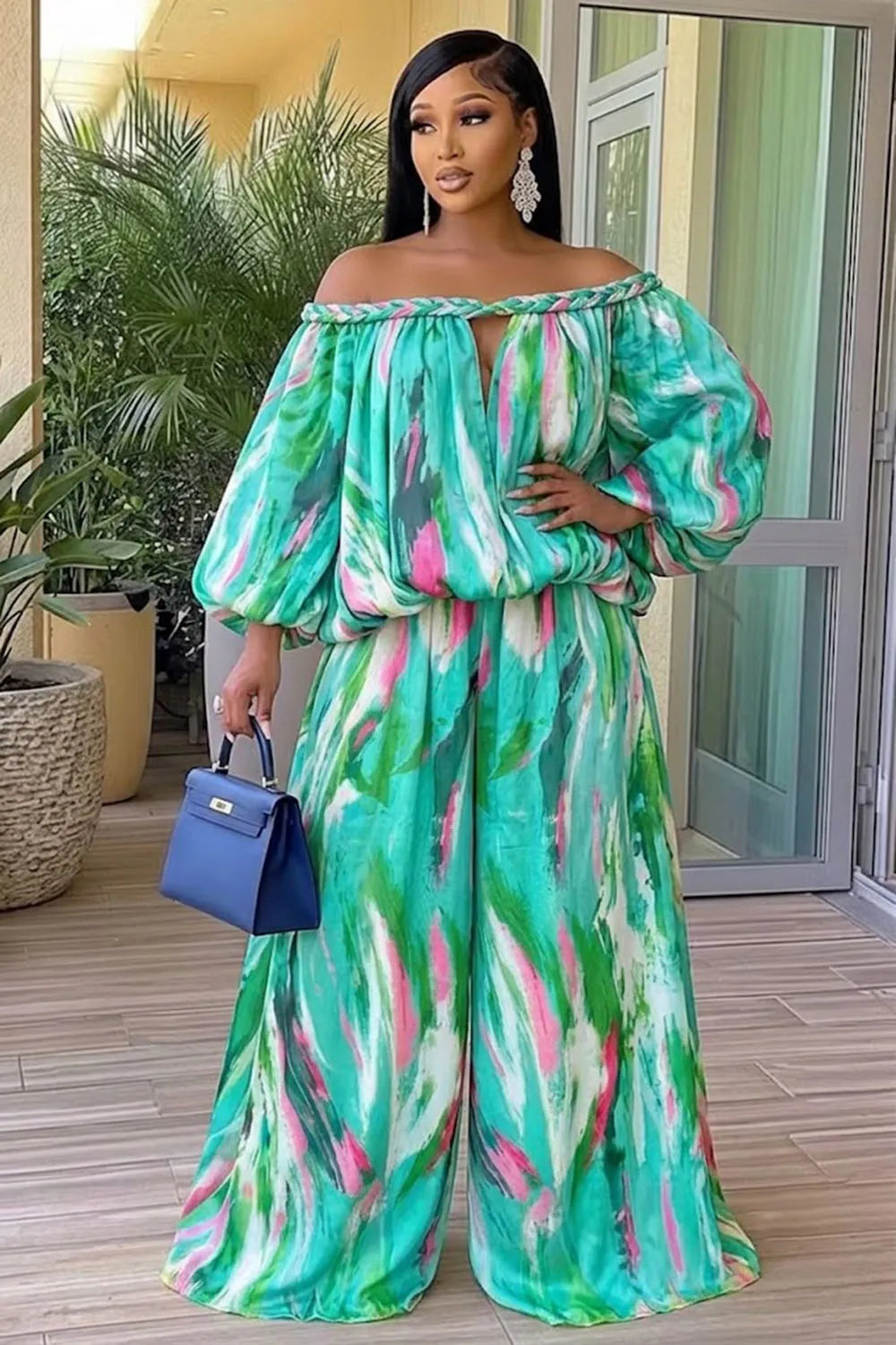 Tie Dye Braided Off Shoulder Top Wide Leg Pants 2pcs Set-Orange [Pre Order]