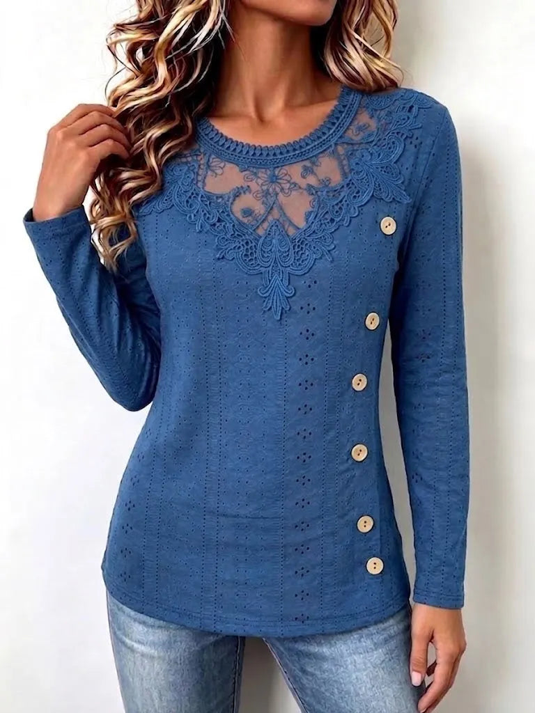 Lace Spliced Eyelet Top With Diagonal Buttons Long Sleeve