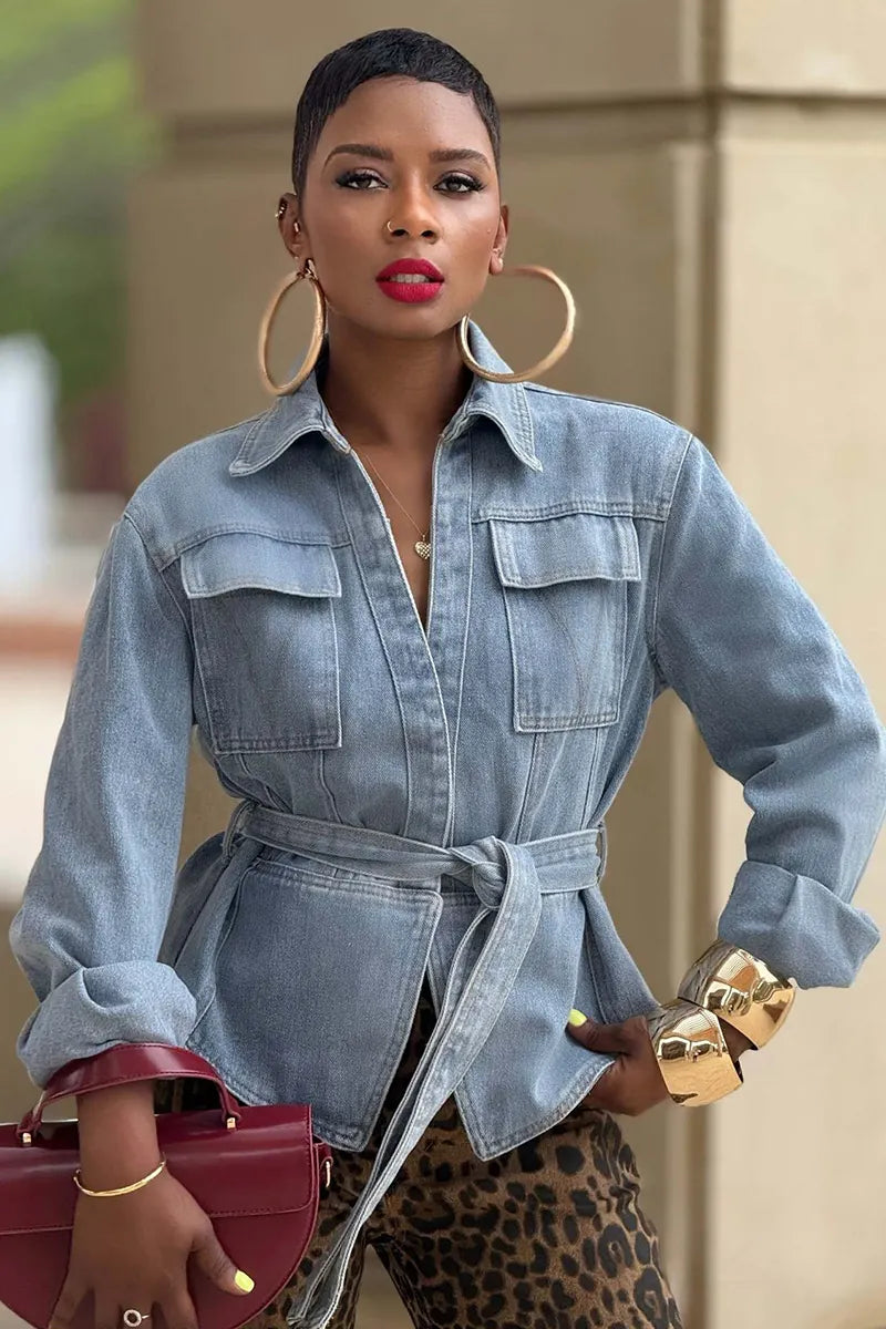 Women's Washed Waist Tie Cropped Denim Jacket