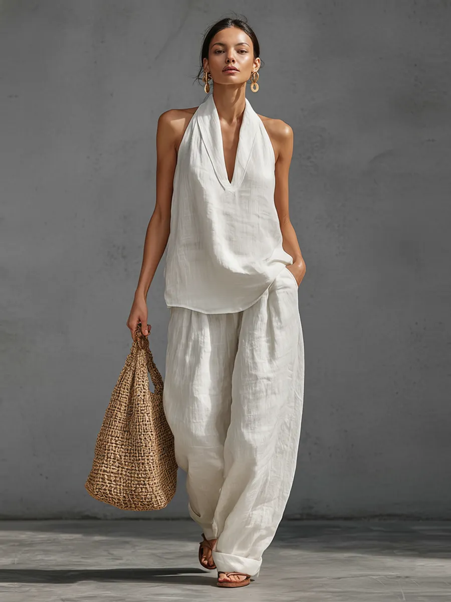 Casual Urban Style White Linen V-neck Sleeveless Top And Wide Leg Pants Set