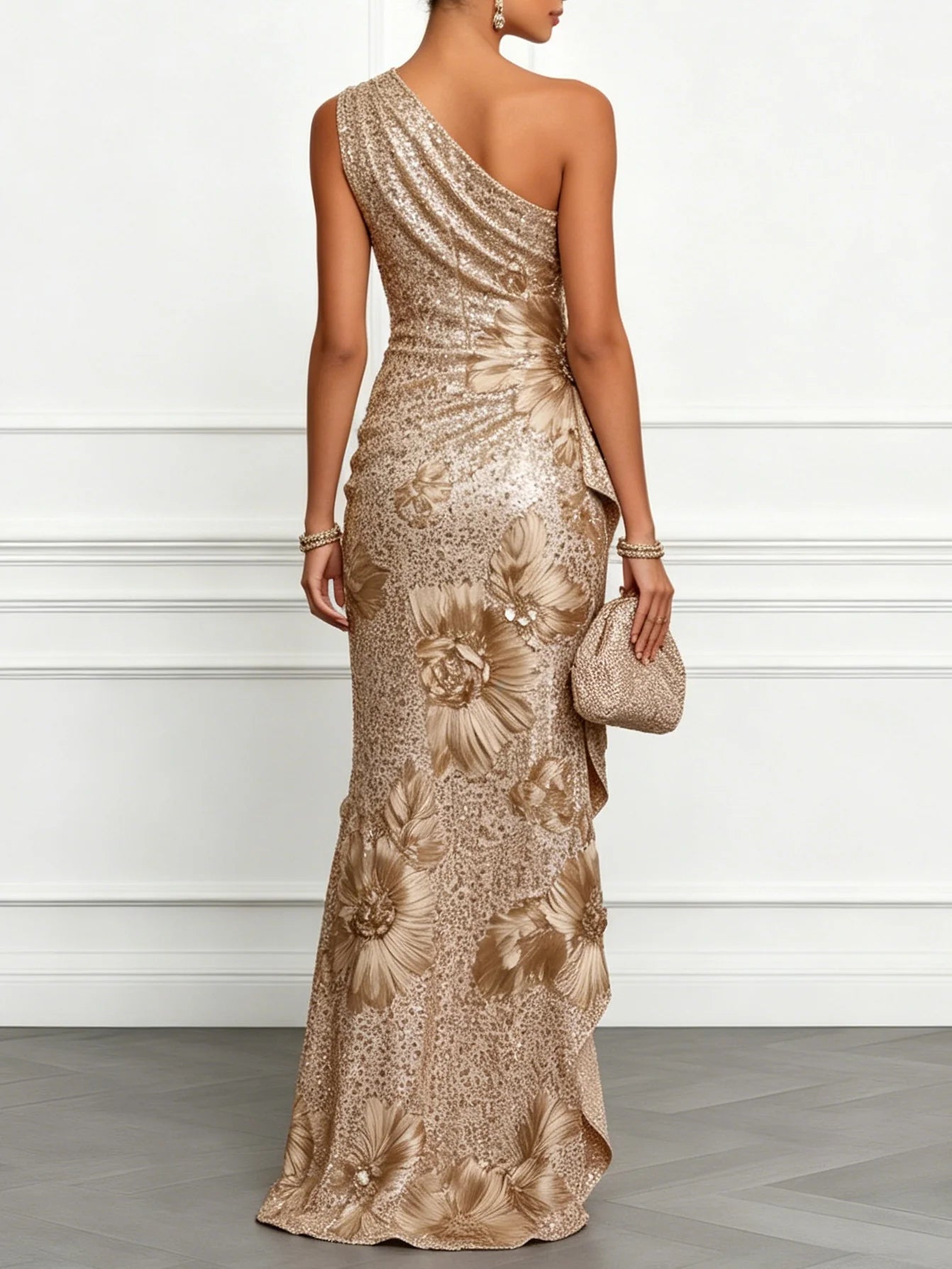 Champagne Jacquard Sequin One Shoulder Sleeveless Mermaid Floor-length Gown Dress