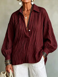 Elegant Burgundy Crinkled V-Neck Blouse
