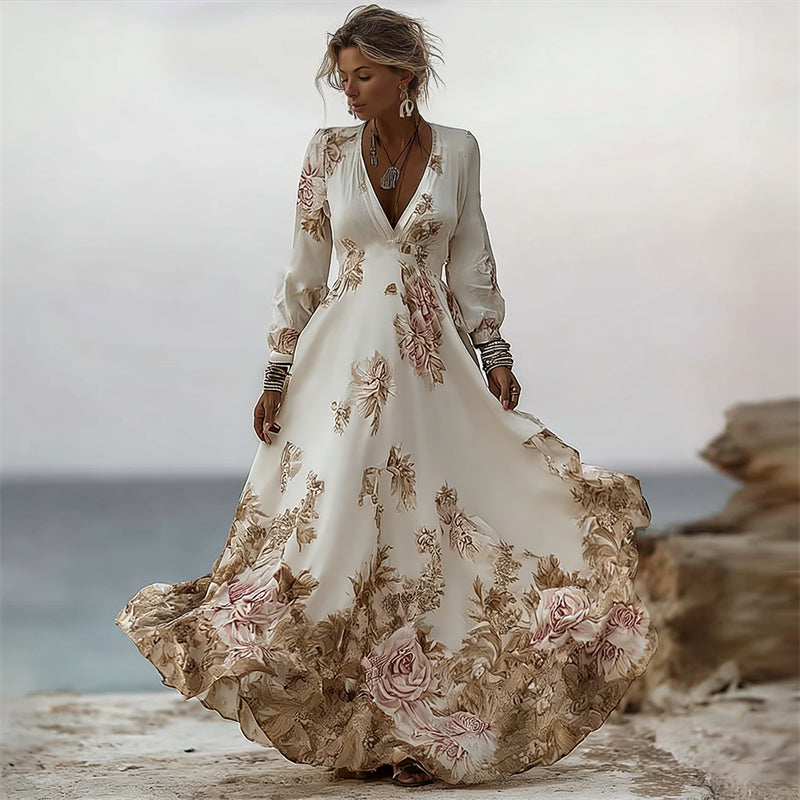 Classy Vintage Roses Print V Neck Flowy Maxi Linen Dress