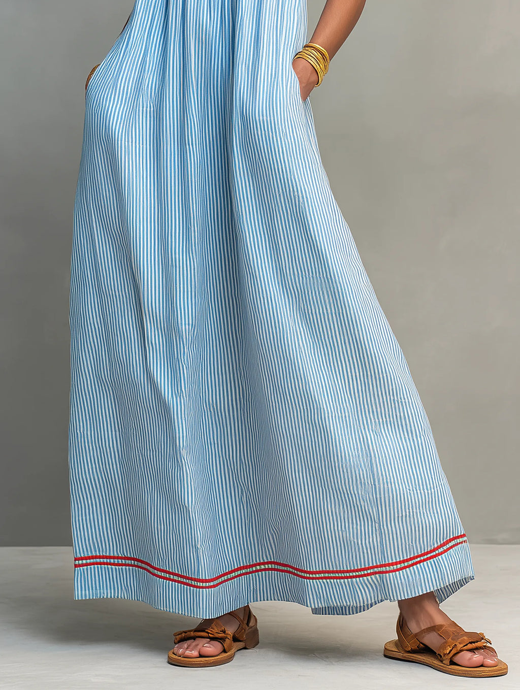 Women's Minimalist Striped Maxi Dress With Red Trim And Spaghetti Straps MDZ2710C3Y