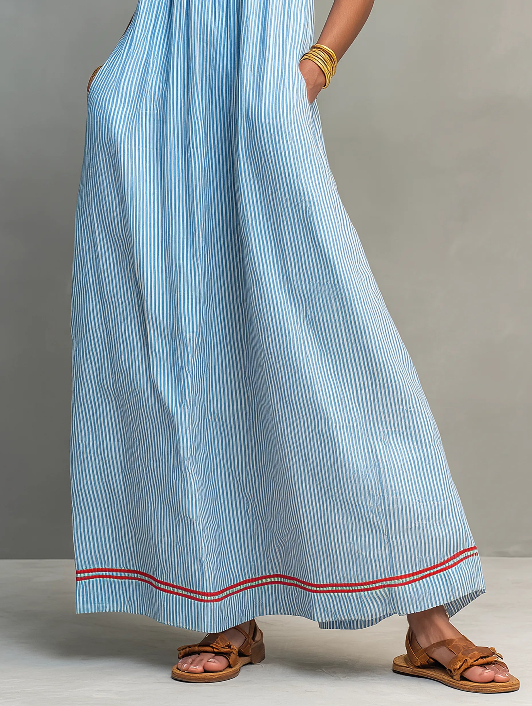 Women's Minimalist Striped Maxi Dress With Red Trim And Spaghetti Straps MDZ2710C3Y