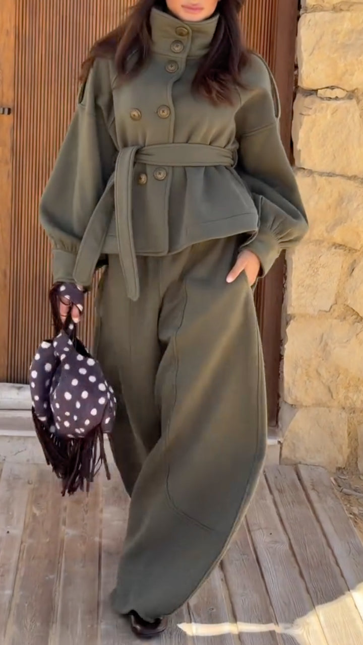 Belted Stand Collar Coat And Wide Leg Pants Two Piece Set