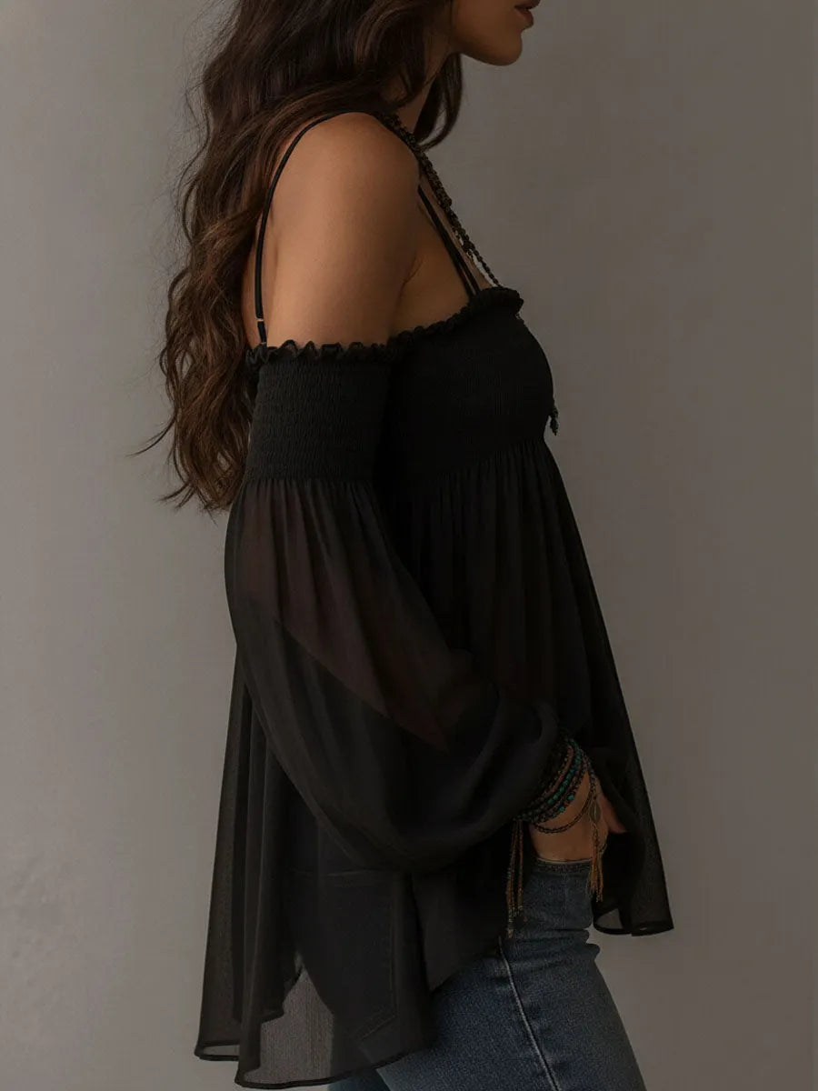 Boho Romantic Black Sheer Chiffon Smocked Bodice Blouse