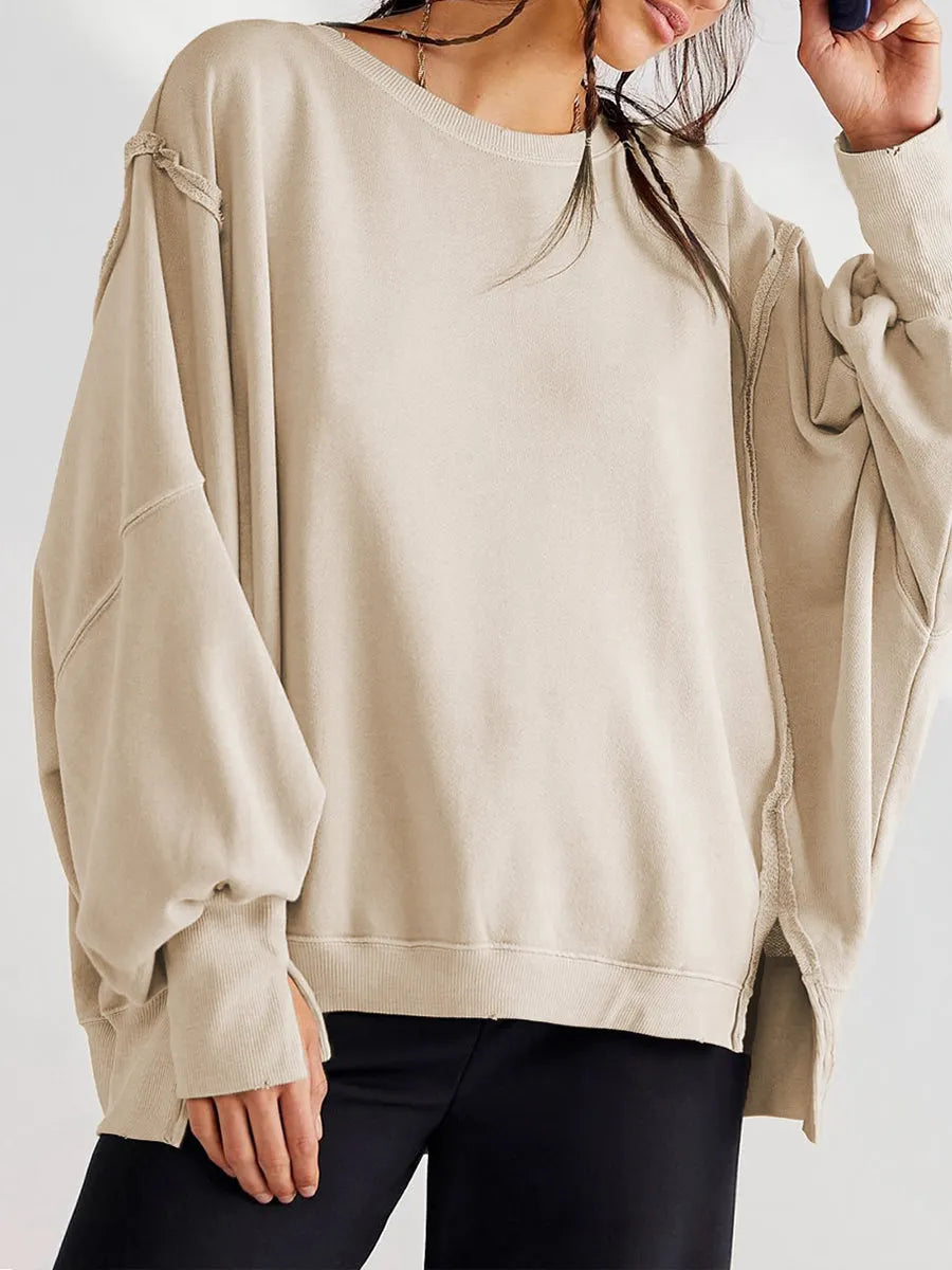 Casual Oversized Cotton Crew-neck Sweatshirt With Exposed Seams