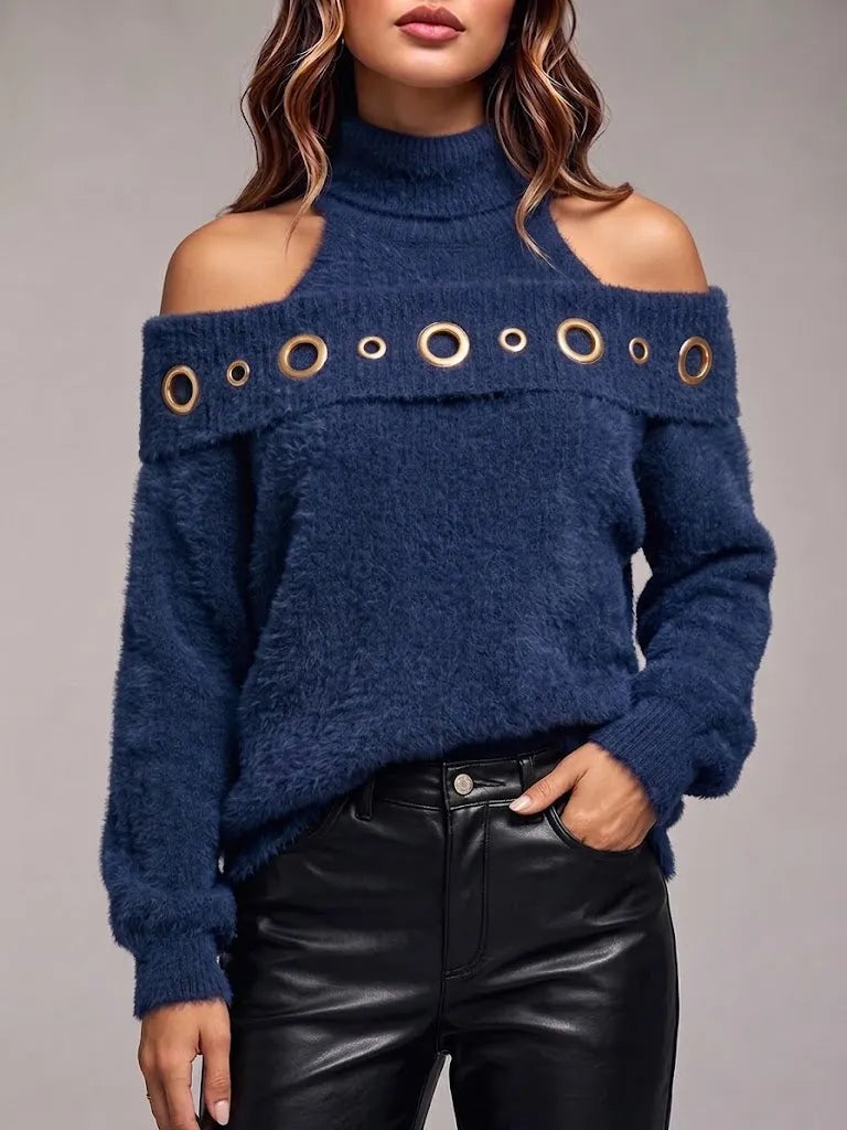 Stylish Off-the-shoulder Fuzzy Turtleneck Knit Top